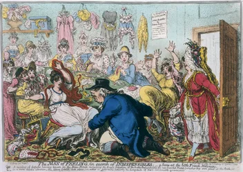 Der Mann der Gefühle auf der Suche nach Unverzichtbarem, oder eine Szene bei den französischen Modistinnen, veröffentlicht von Hannah Humphrey im Jahr 1800